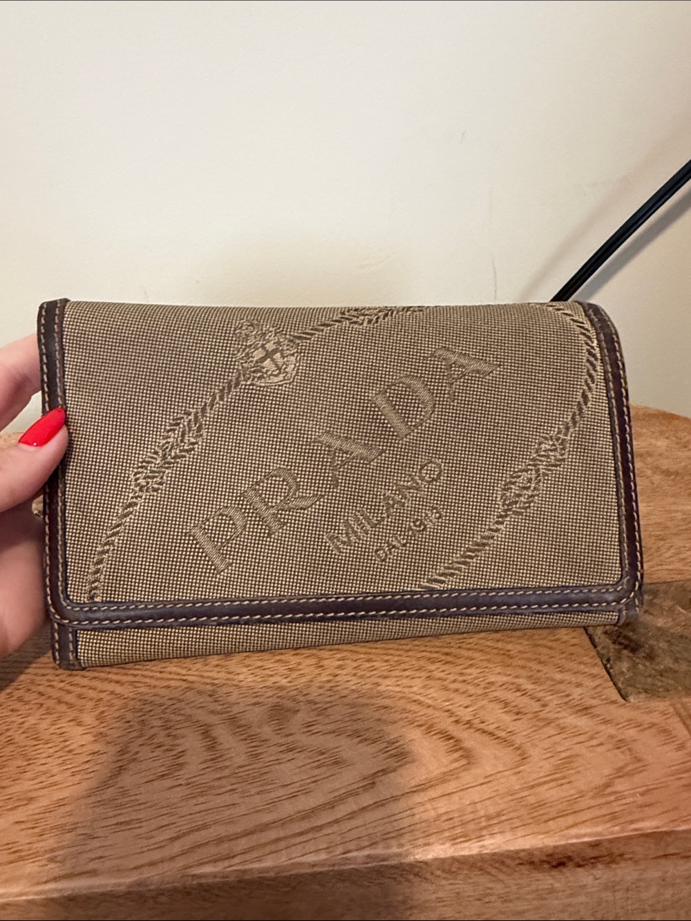 Prada Beige Canvas Wallet with Brown Trim